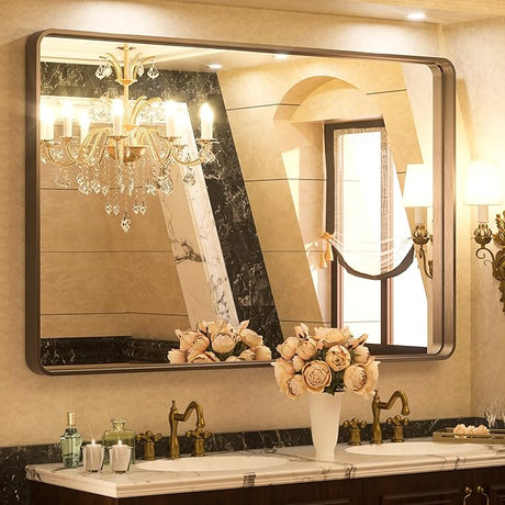 48 x 36 Inch Gold Bathroom Mirror, Champagne Gold Brushed Metal Framed Modern Vanity