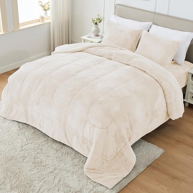 Faux Fur Comforter Set Queen Size with Fitted Sheet, Luxury Ultra Soft Fuzzy Comforter