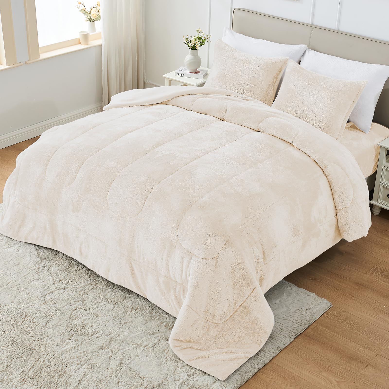 Faux Fur Comforter Set Queen Size with Fitted Sheet, Luxury Ultra Soft Fuzzy Comforter
