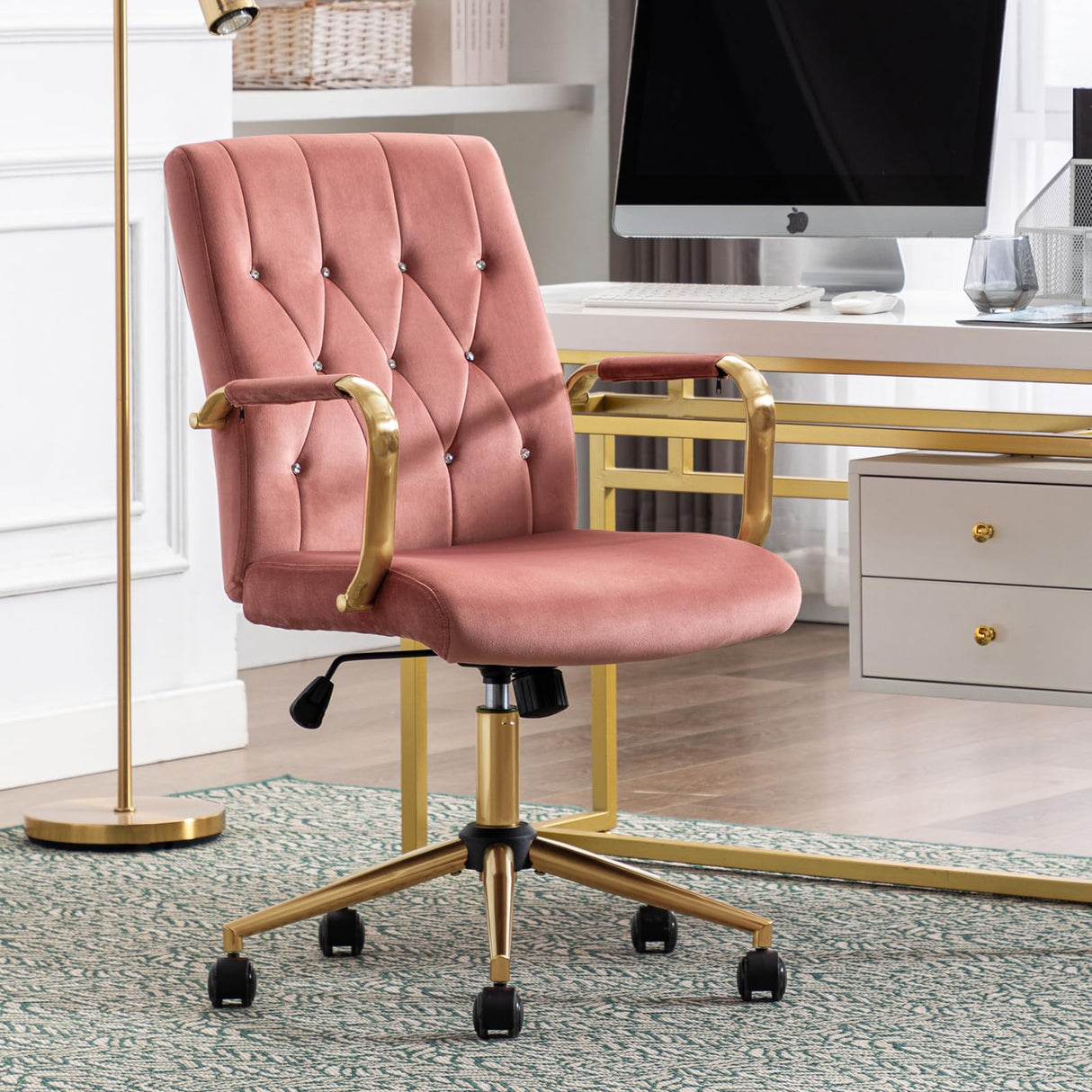 Velvet Home Office Desk Chairs, Modern Gold Task Chair with Wheels for Office