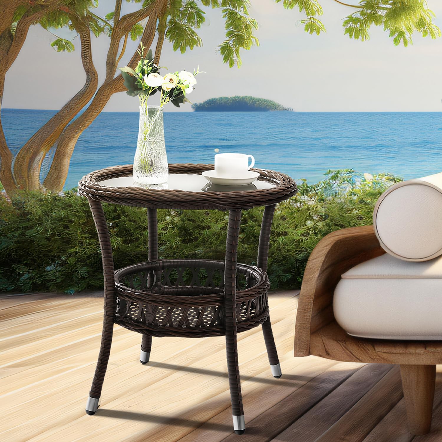 Outdoor Side Table Wicker Outdoor End Table for Patio Rattan Side Table