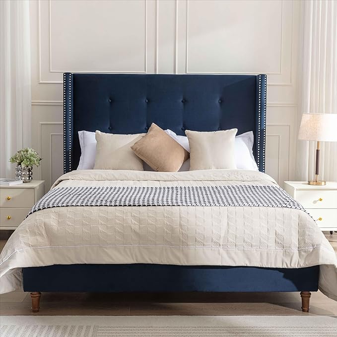 Upholstered Bed Frame, 54" High Headboard with Nailhead Trim Wingback