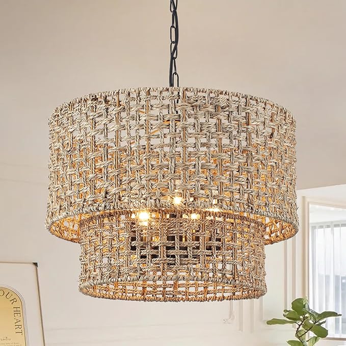 Rattan Chandelier for Dining Room 5-Light Boho Chandeliers Light Fixture Brown and Black