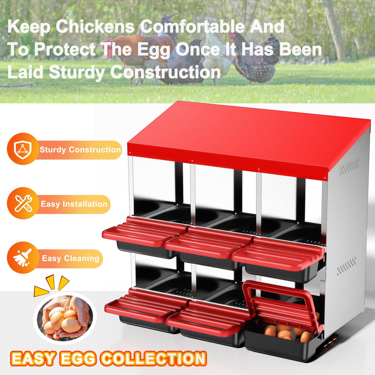 Two-Tier Chicken Nesting Box, 6 Hole Roll Away Eggs Laying Boxes with Perch