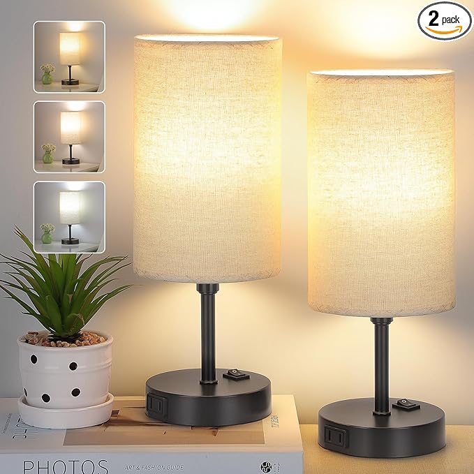 Bedside Table Lamp,3-Way Dimmable Bedside Lamps 2700K 3500K 5000K with AC Outlet