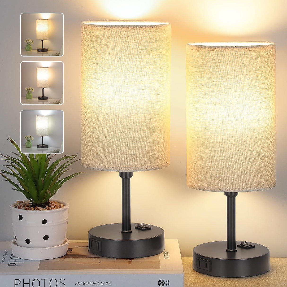 Bedside Table Lamp,3-Way Dimmable Bedside Lamps 2700K 3500K 5000K with AC Outlet