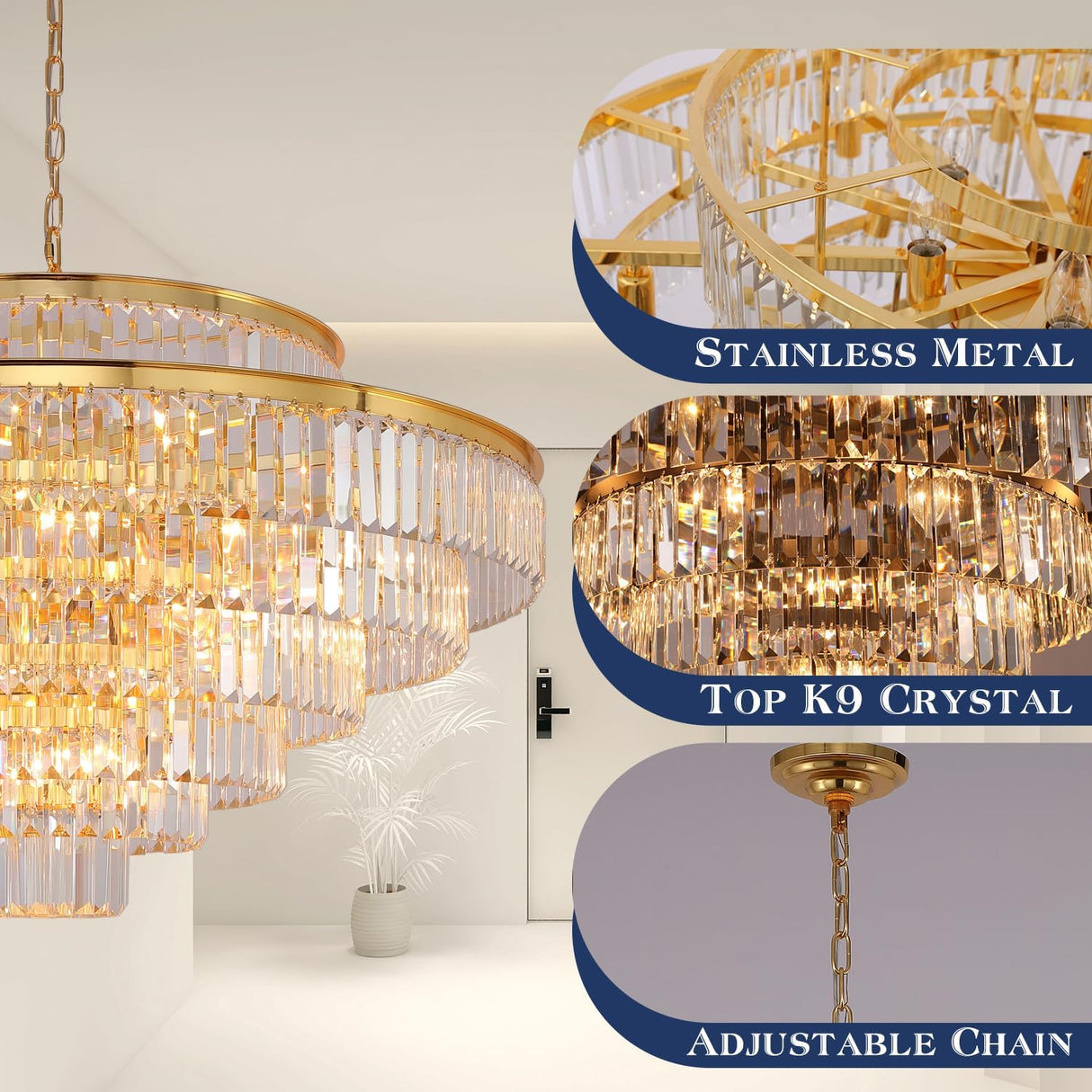 Large Crystal Chandeliers Gold Chandelier Luxury Pendant Ceiling Lights Fixture Hanging