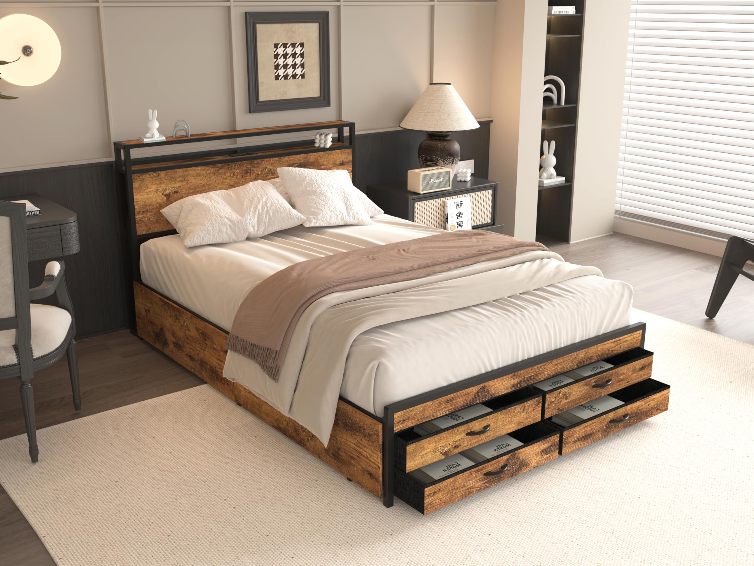 Full Size Metal Bed Frame with LED Headboard and Storage Drawers