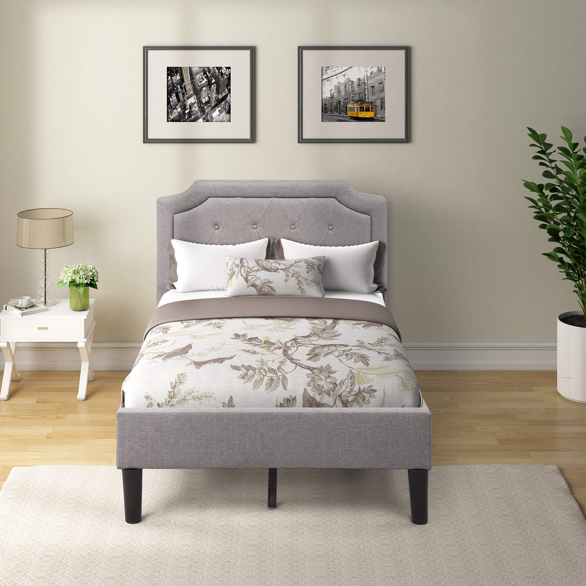 Bed Frame Upholstered Scalloped Linen Platform Bed Twin Beds Mattress Foundation