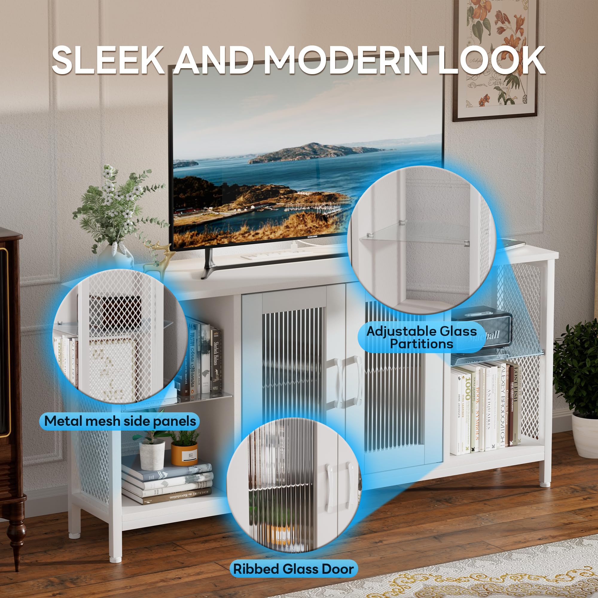 46-Inch TV Stand with LED Lights & Glass Storage