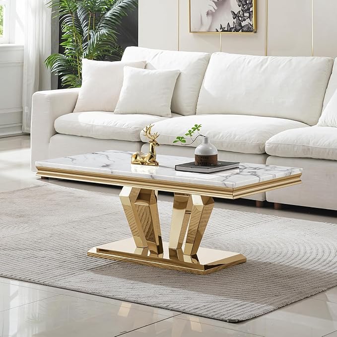 47 inch White Marble Coffee Table with Mirrored Stainless Steel Metal Legs