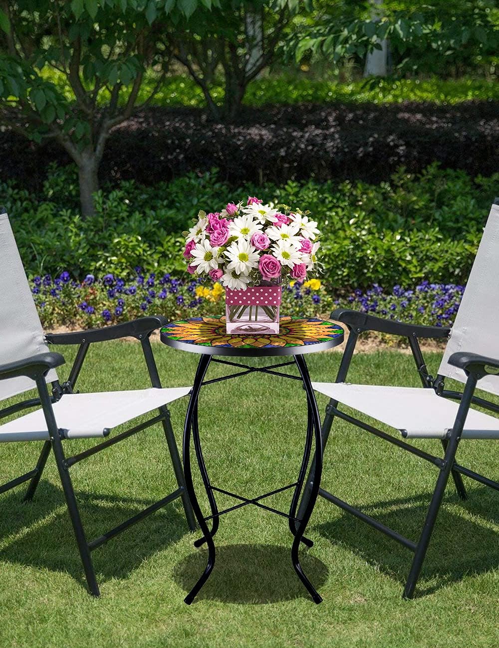 Sunflower Outdoor Side Table, Mosaic Design, Small Glass Top, Round, Patio Side Table