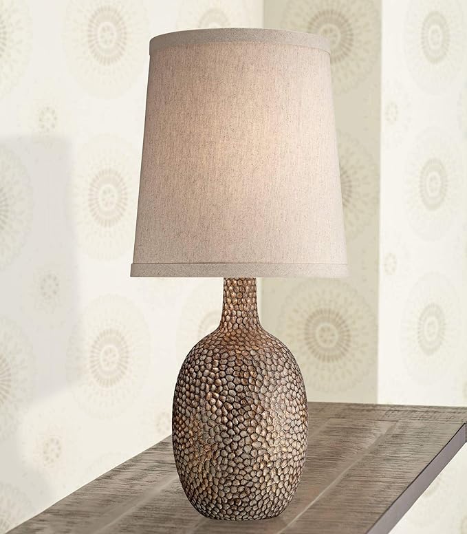 Chalane Rustic Farmhouse Accent Table Lamp 23.5" High Antique Bronze Hammered Texture Natural Beige Linen Fabric