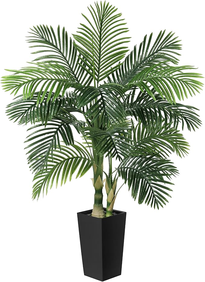 5ft Golden Cane Palm Tree Artificial - Fake Palm Tree with White Tall Planter
