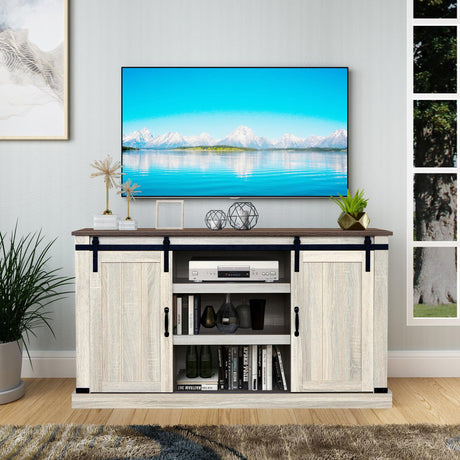 TV Stand with Storage Cabinet, Sliding Barn Doors, and Adjustable Shelves,