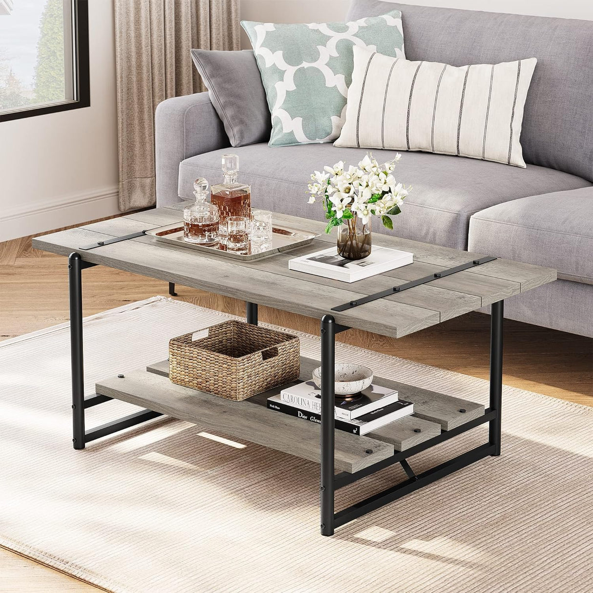 2-Tier Farmhouse 41'' Large Wood Coffee Table with Shelf -Modern Rustic Metal Rectangle