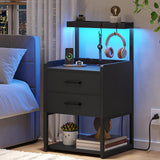 Nightstands Set of 2 with Charging Station, LED Night Stand with 2 Drawers, Black Modern