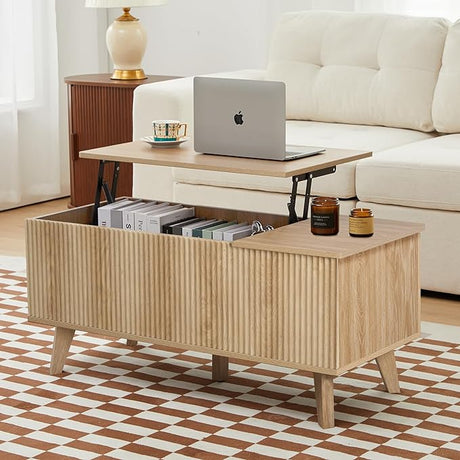 Wooden Fluted Lift Top Coffee Table with Hidden Compartment