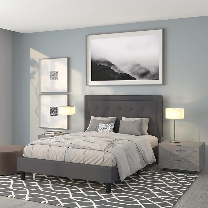 Roxbury Queen Size Tufted Upholstered Platform Bed in Beige Fabric