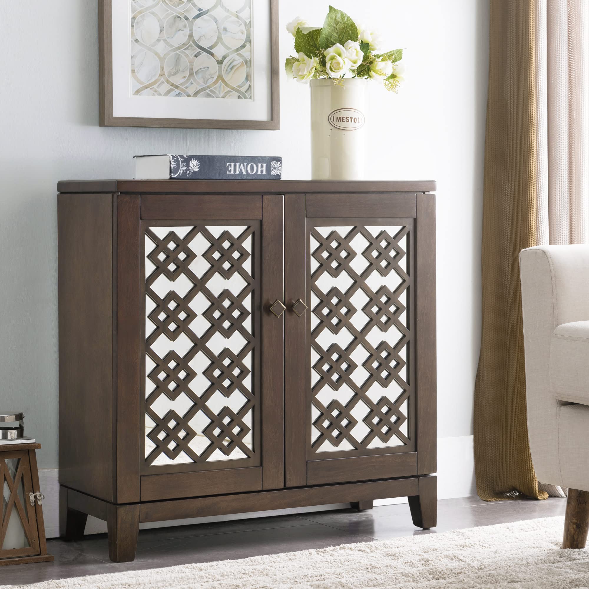 Leick Home 10083-WA Mirrored Diamond Filigree Hallstand/Entryway Table with Adjustable Shelf, Walnut