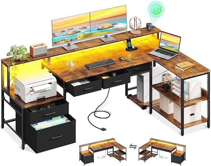 L Shaped Desk with 5 File Drawers, 66" Reversible L Shaped Computer Desk