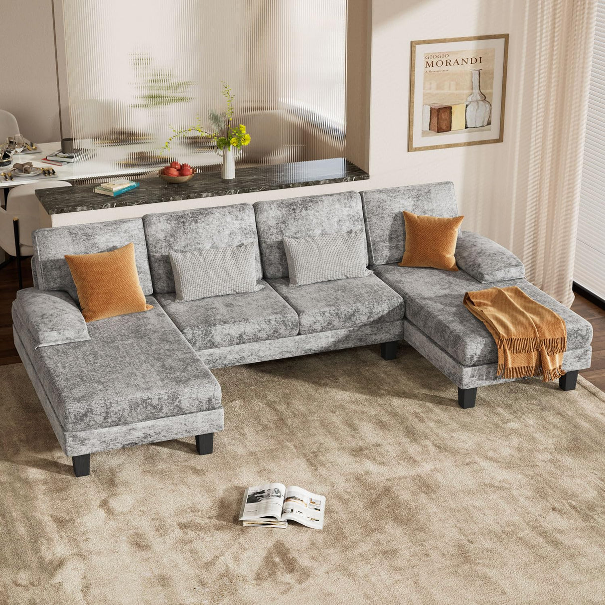 Couch Living Room Sets Chenille Fabric U-Shaped Sofa with Double Chaises, Dark Gray
