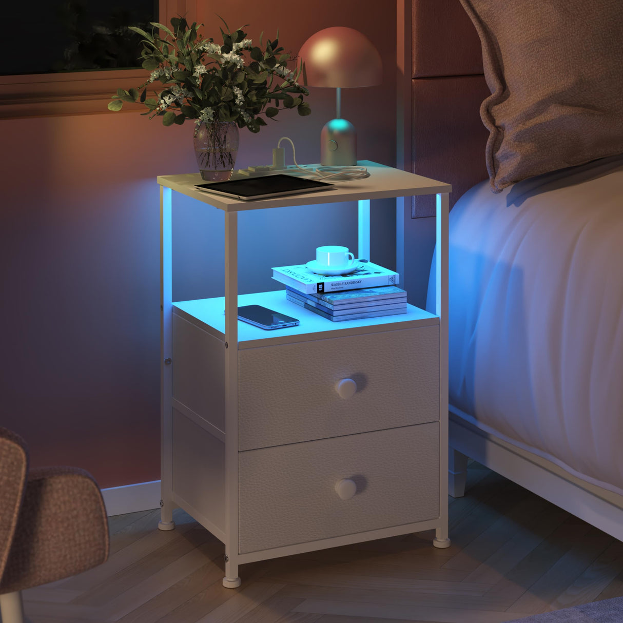 Sofa End Tables with Charging Station LED Light Nightstand Bedroom Bed Side Dresser