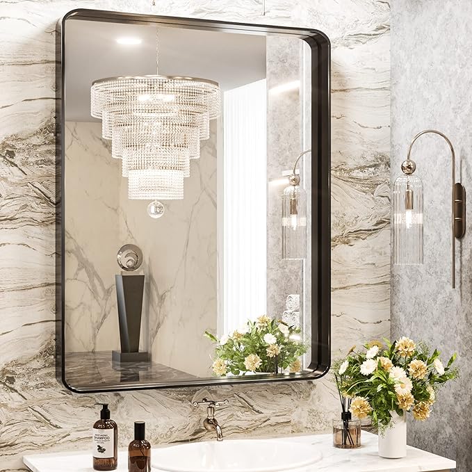 Bathroom Mirror for Wall Brushed Brass Metal Rounded Corner