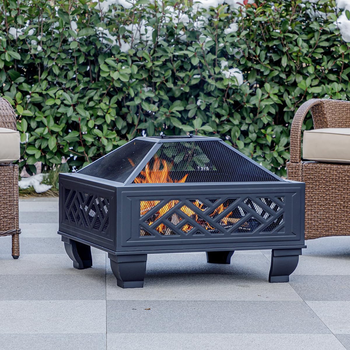 MistMo 26" Steel Square Fire Pit with Grill & Poker, Outdoor Fireplace with Mesh Cover for Patio, Backyard & Garden, Ideal - Bircata