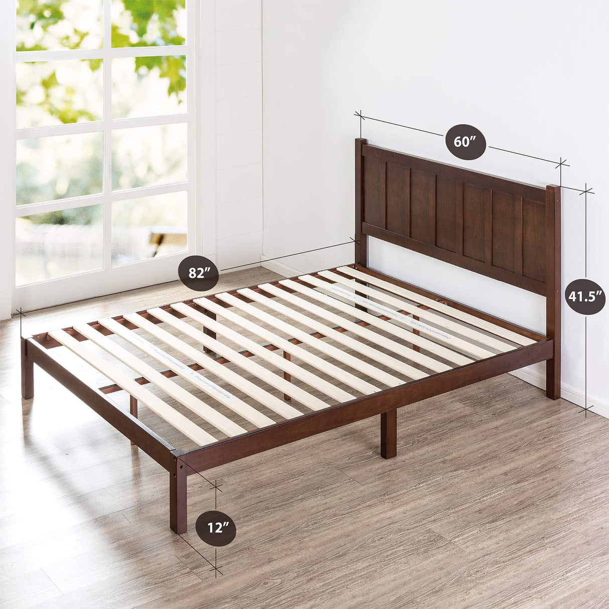 Adrian Wood Rustic Style Platform Bed with Headboard, No Box Spring Needed, Wood Slat