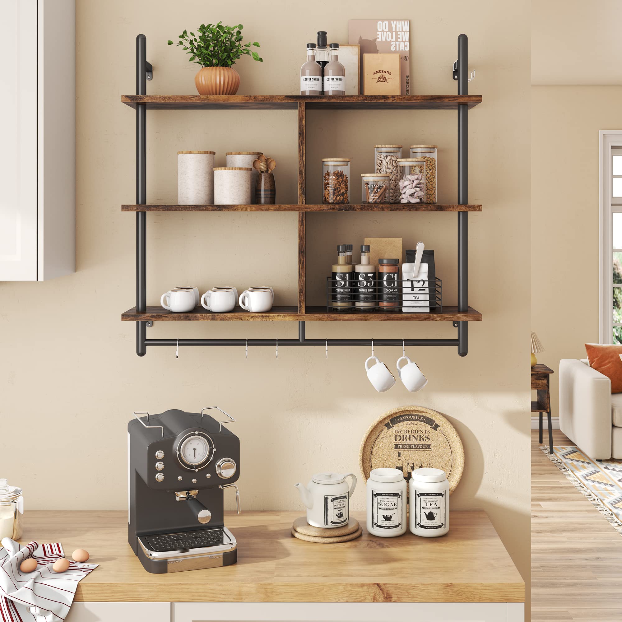 Floating Pipe Shelving Kitchen Shelves 3 Tier & 2 Tier Bundle, Rustic Brown