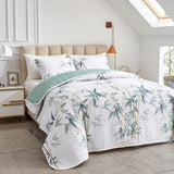 Green Leaves Printed on White Reversible Bedspread Coverlet Set