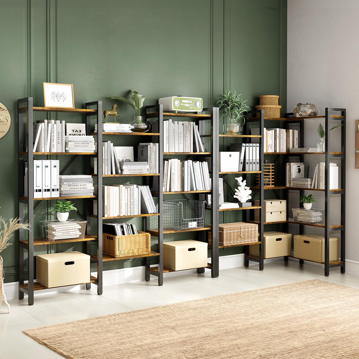Wide 5-Shelves Corner Bookcase Industrial Vintage Wood Style Large Open Bookshelves for Home & Office (Brown, 5-Tier)