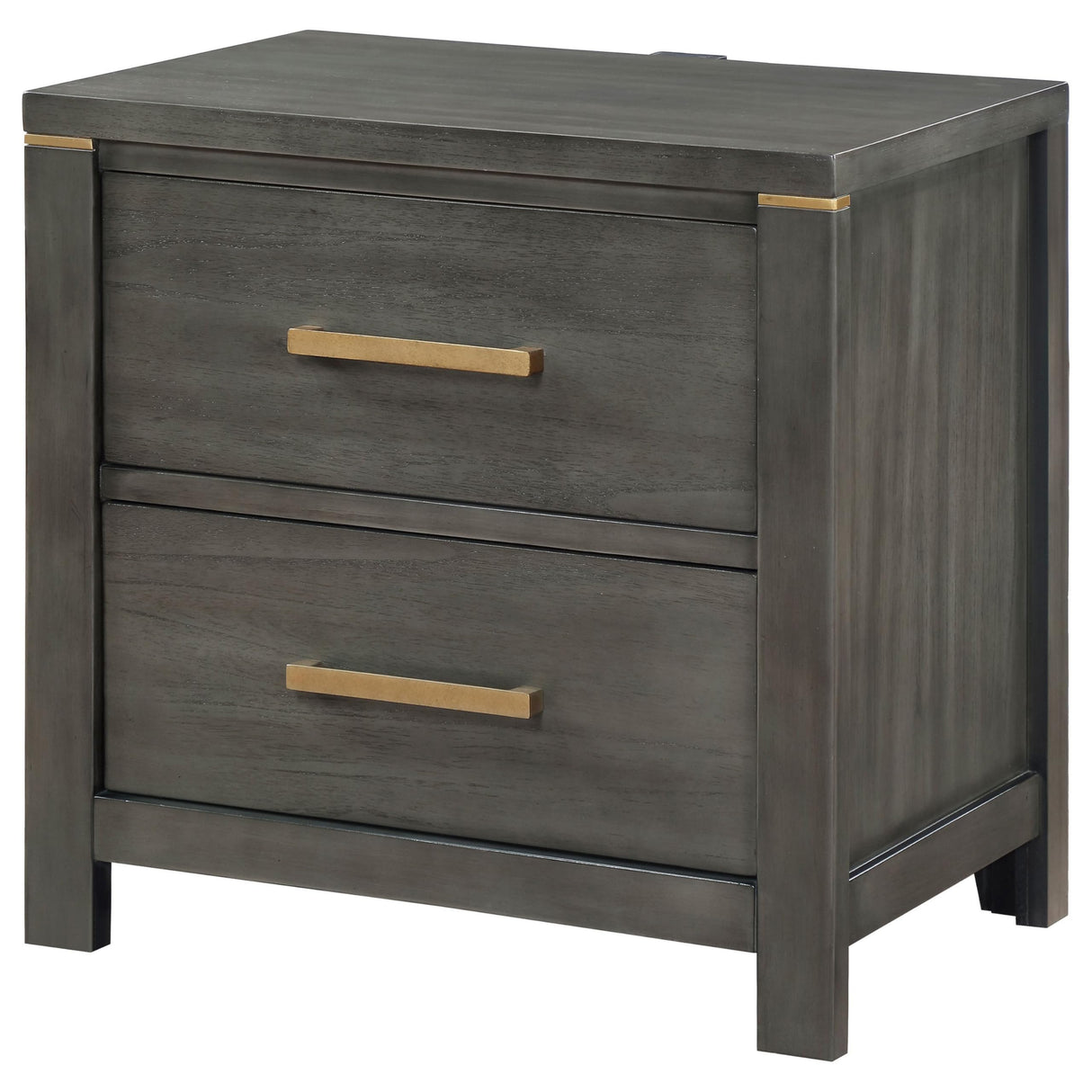 Benjara Ren Nightstand, 2 Drawers, Tone Accents, Bar Handles, Dark, Gray and Brass