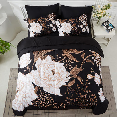 5 Piece Bed in a Bag Twin Size Comforter Set Botanical Floral Bedding Set,White Flower