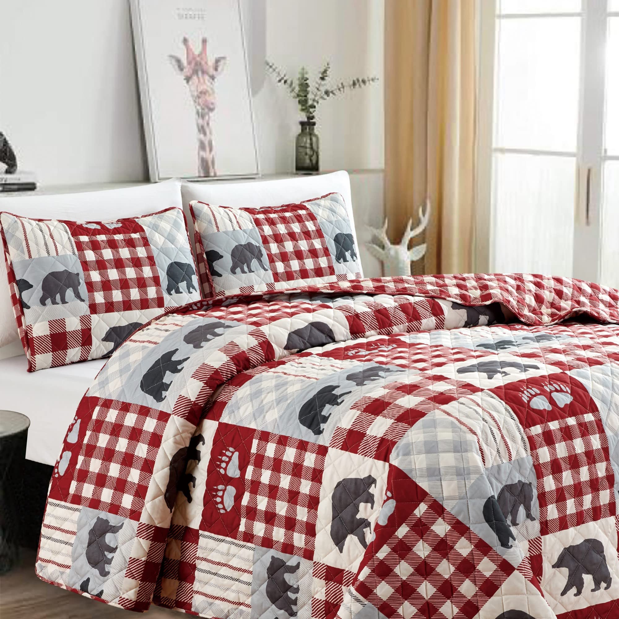 3 Piece Reversible Quilt Set with Sham | Queen Cabin Comforter Set | Rustic Bear Buffalo