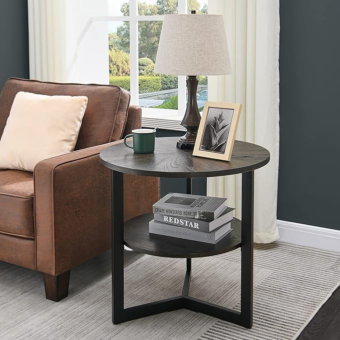 Round Large End Table with 2 tire Storage Shelf, 25.2” Solid Wood Sofa Side Table