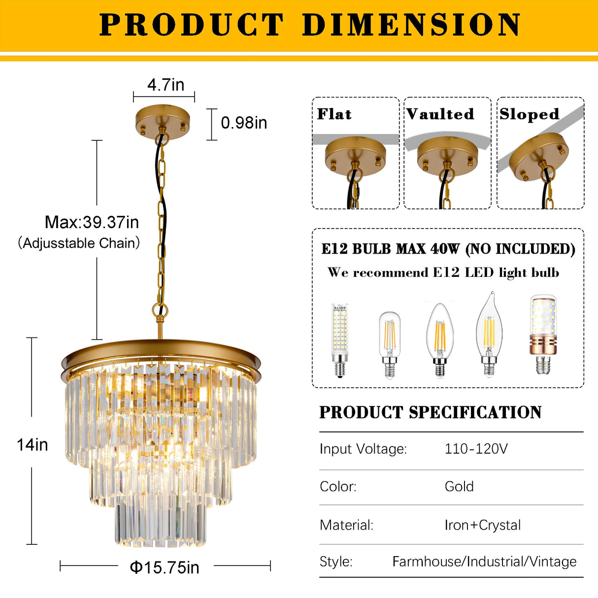 15.7" Gold Crystal Chandelier,Modern 3-Tier K9 Crystal Pendant Lights 6-Light Luxury