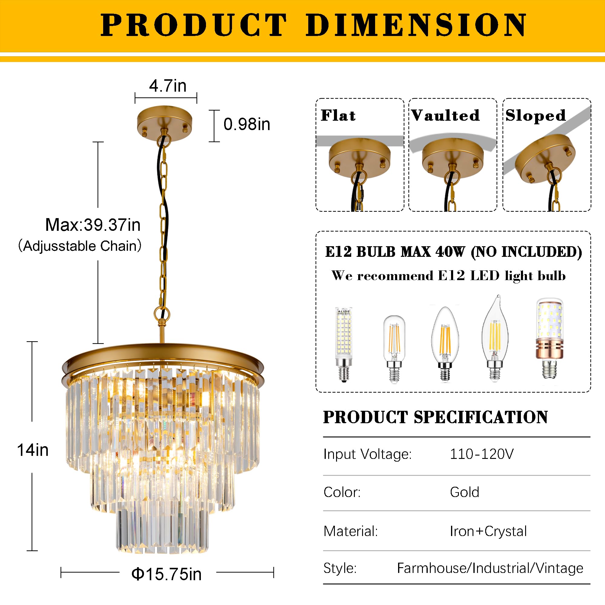 15.7" Gold Crystal Chandelier,Modern 3-Tier K9 Crystal Pendant Lights 6-Light Luxury