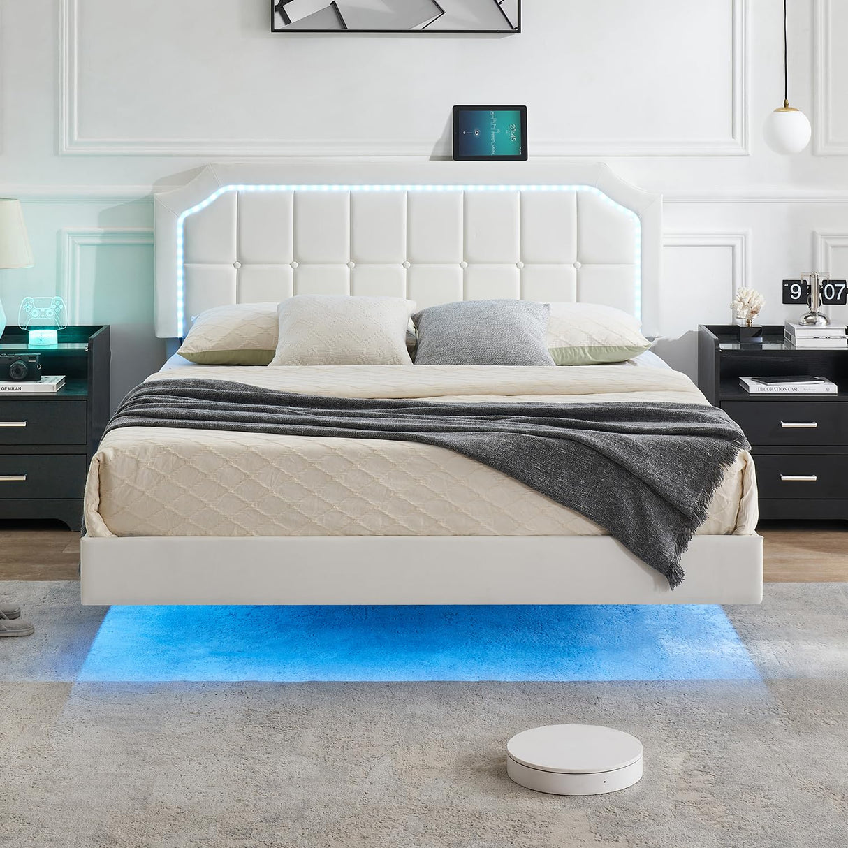 Floating Bed Frame, Full Size Floating Bed Frame with RGB LED Light Headboard