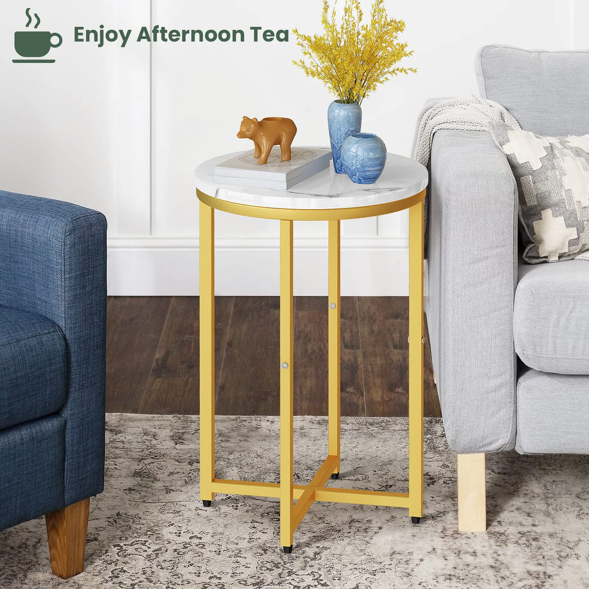 Modern Gold Side Table, Small Coffee Table Round End Table with Gold Frame