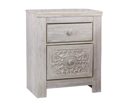 Design by Ashley Paxberry Boho 2 Drawer Nightstand with 2 Slim-Profile USB Charging Ports, 29.21" Tall, Whitewash