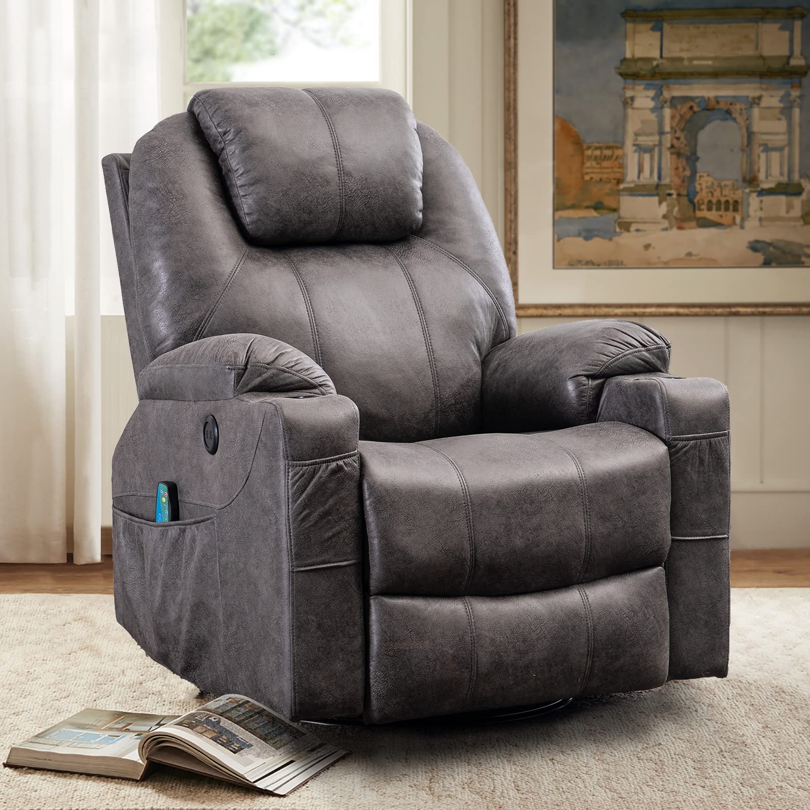 ZenLuxe Swivel Glider Recliner – Massage, Heat, USB, Cup Holders