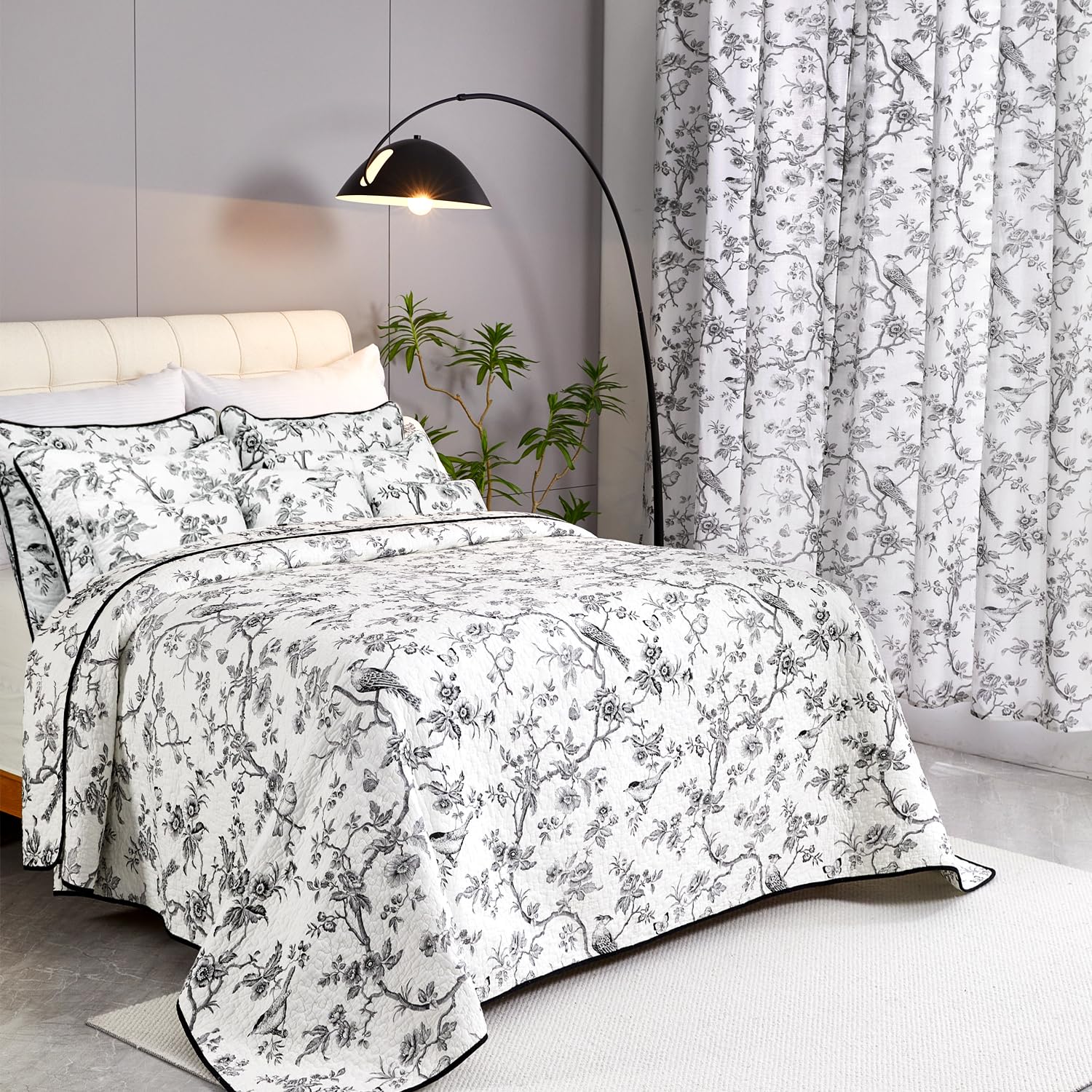 100% Cotton Quilt Queen Size - Black Bird Reversible Coverlet Set 3 Pieces