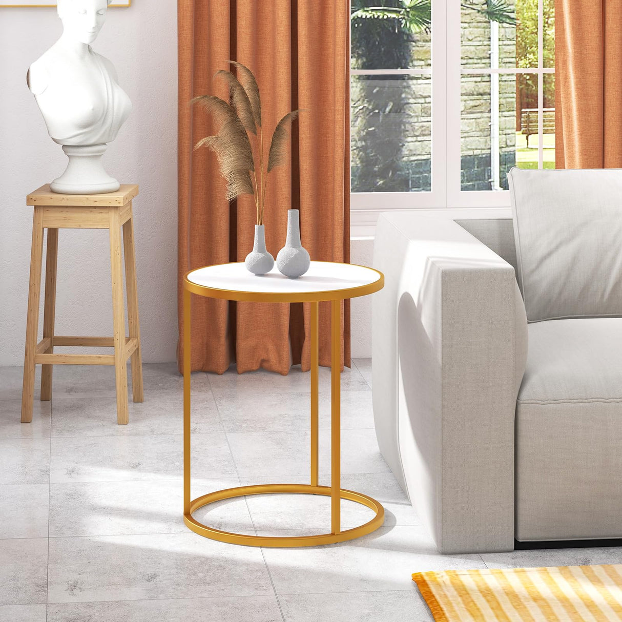 Gold Side Table, Round End Table with Sintered Stone Top and Metal Frame