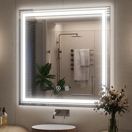 LED Bathroom Mirror, 28 x 36 Inch Anti-Fog Lighted Bathroom Mirror, Wall Mounted