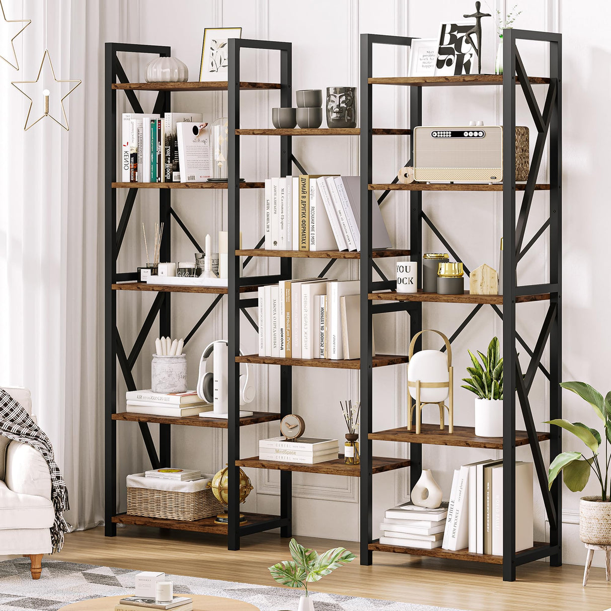 Triple Wide 5 Tier Book Shelf, Tall Bookshelf with Open Display Shelves