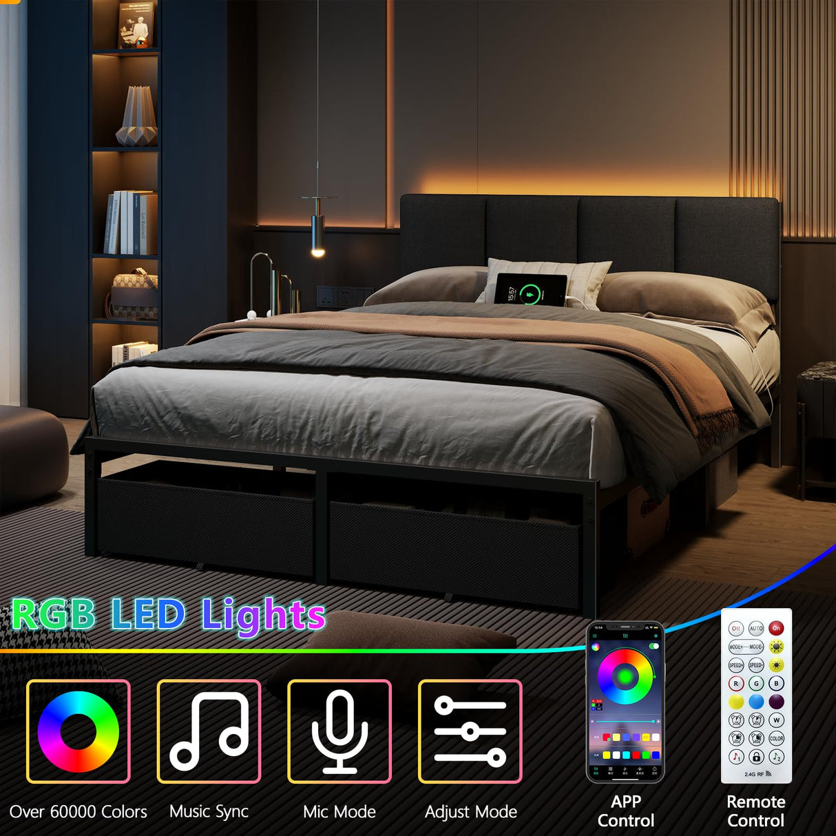 Full Size Upholstered Bed Frame with LED Lights & USB Charging