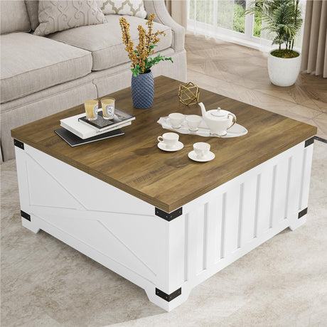 35.4" Square Coffee Table with Storage, Farmhouse Center Table with Hinged Lift Top