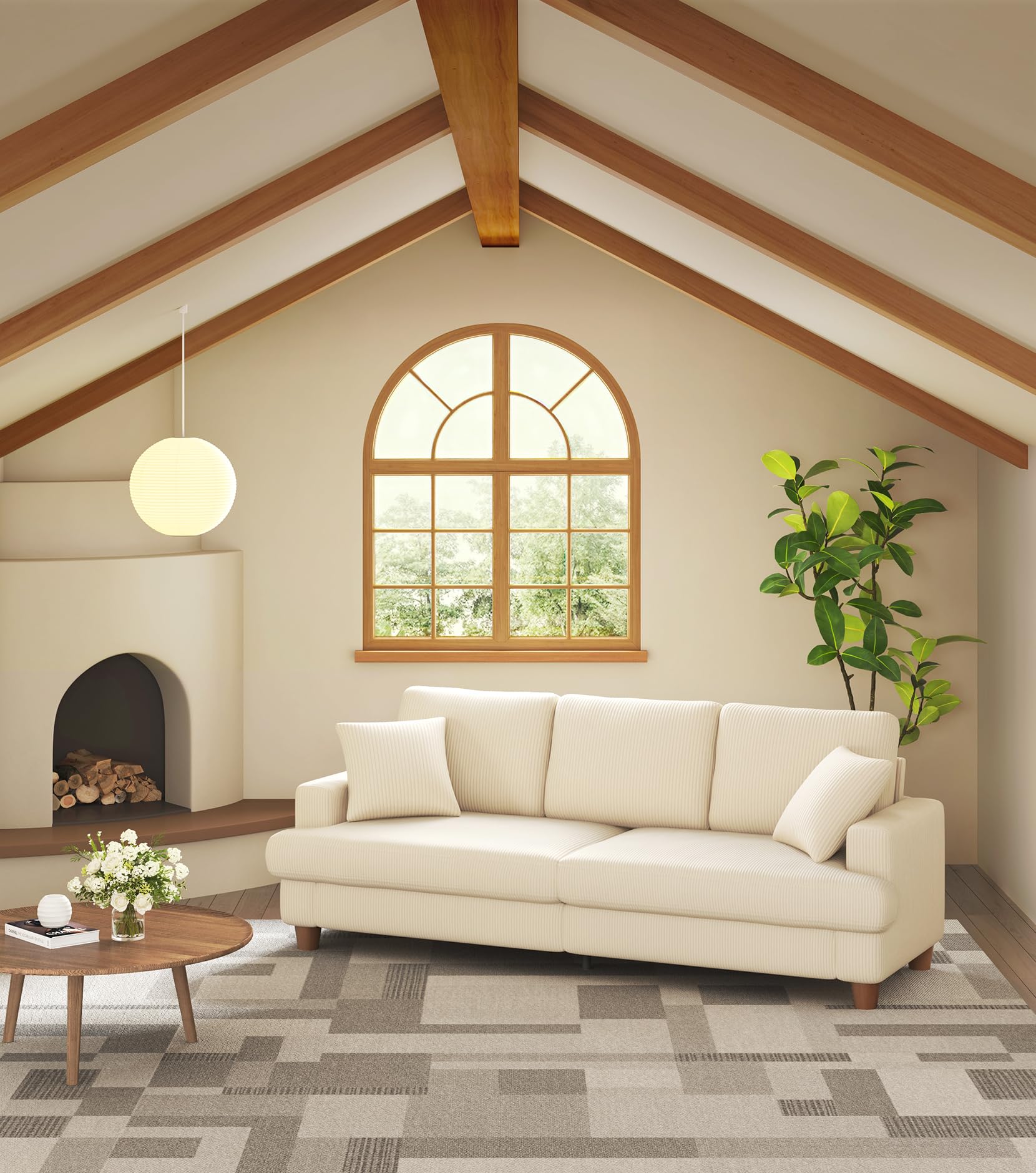 87in Beige White Sofa, Couches for Living Room 21in Extra Deep Seats